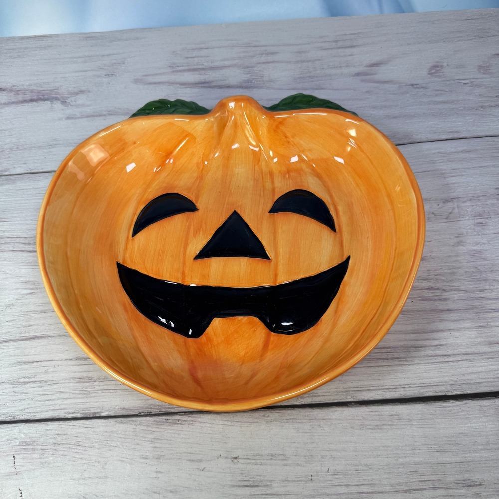 Halloween Pumpkin Serving Bowl Large 11" Orange Decor Spooky Candy Dish Fall